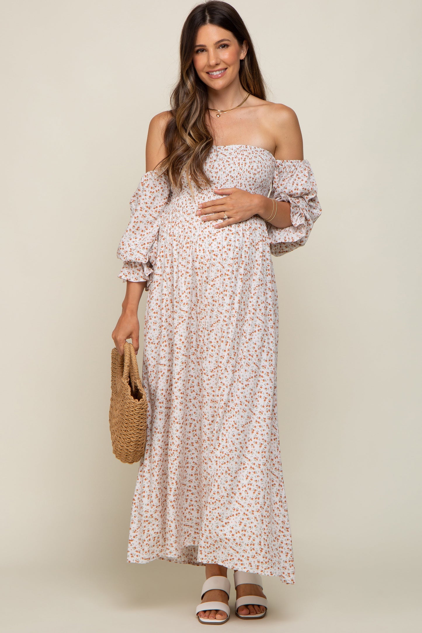 Cream Floral Square Neck Smocked Long Sleeve Maternity Maxi Dress
