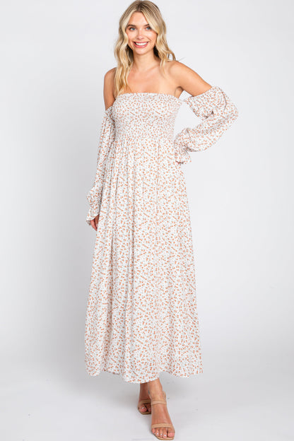 Cream Floral Square Neck Smocked Long Sleeve Maternity Maxi Dress
