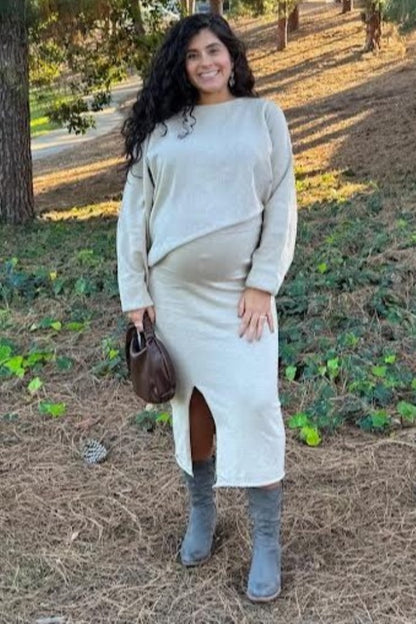 Beige Knit Long Sleeve Crop Top Maternity Midi Skirt Set