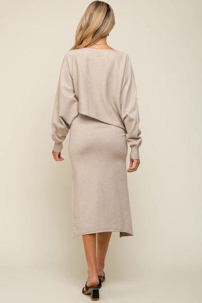 Beige Knit Long Sleeve Crop Top Maternity Midi Skirt Set