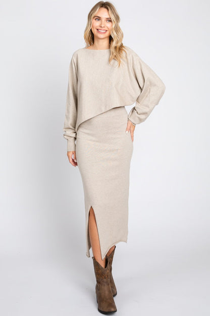 Beige Knit Long Sleeve Crop Top Maternity Midi Skirt Set