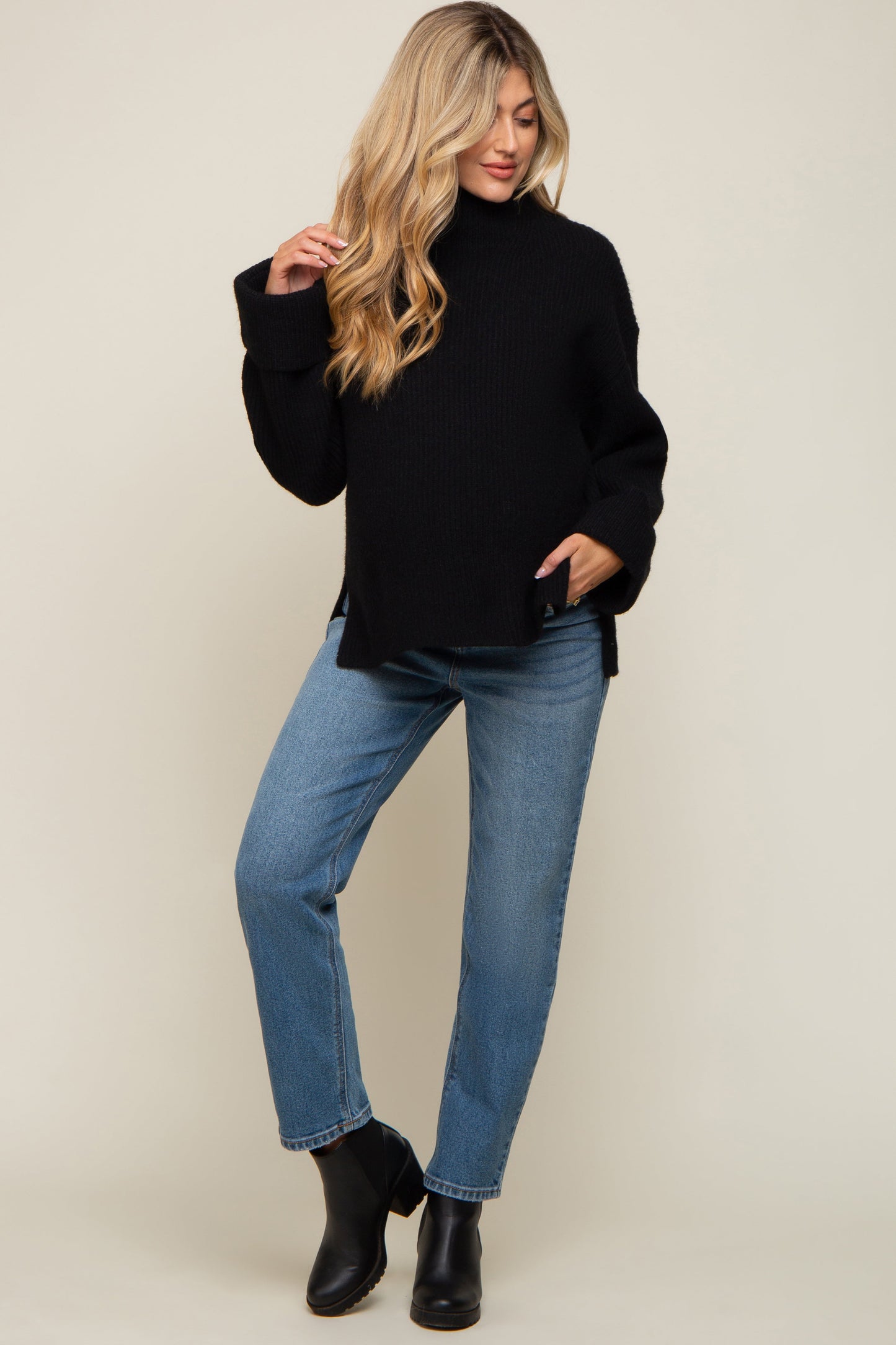 Black Mock Neck Chunky Knit Maternity Sweater