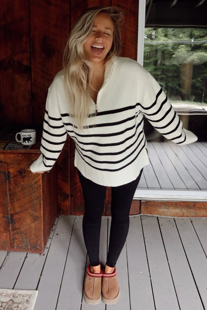 Ivory Striped Half Zip Maternity Sweater
