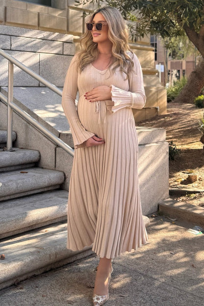 Taupe Ribbed Maternity Knit Maxi Dress