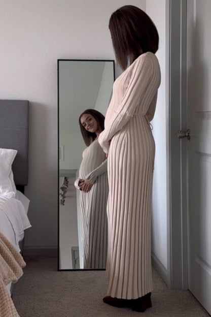 Taupe Ribbed Maternity Knit Maxi Dress