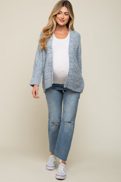 Blue Knit Cuffed Maternity Cardigan