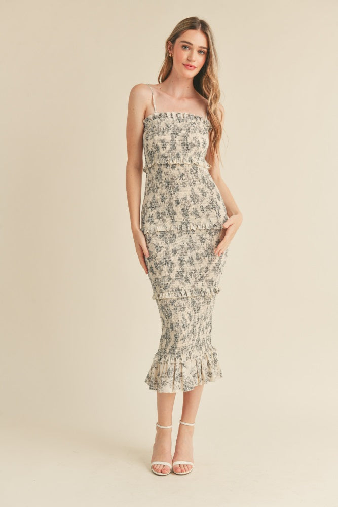 Cream Floral Smocked Fitted Maternity Midi Dress