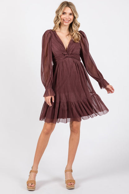 Purple Pleated Knotted Long Sleeve Maternity Dress
