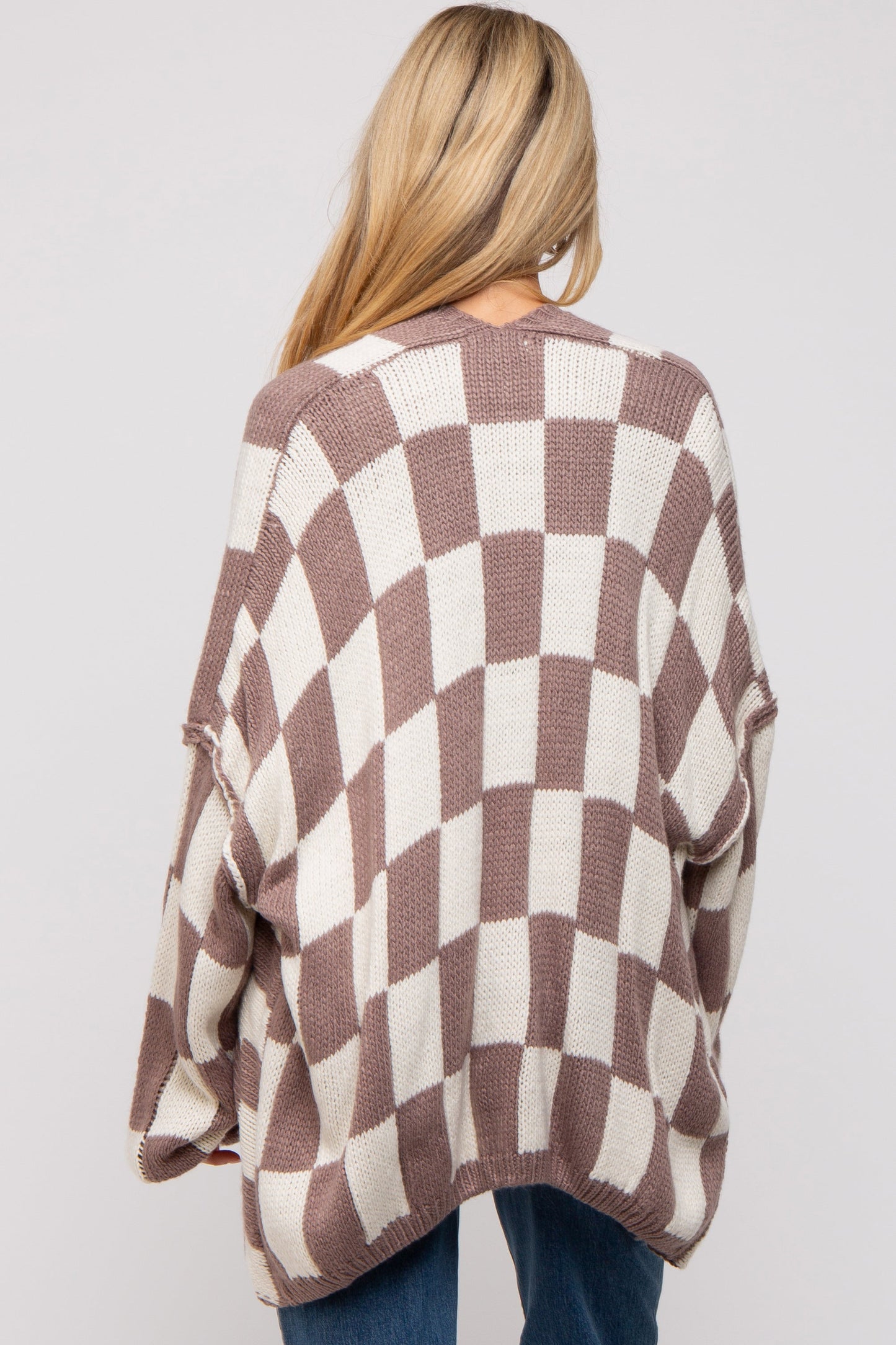 Taupe Checkered Print Oversized Maternity Cardigan