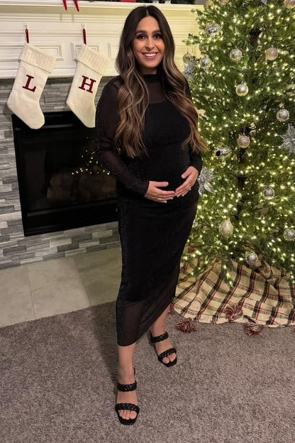 Black Shimmer Mesh Long Sleeve Ruched Maternity Midi Dress