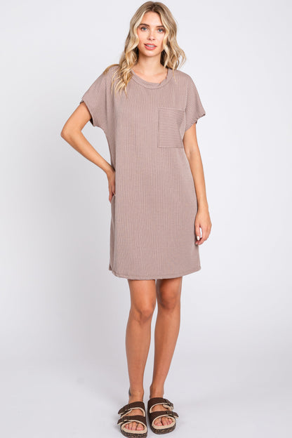 Mocha Ribbed Front Pocket Dolman Short Sleeve Maternity Dress