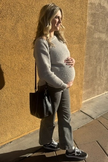 Taupe Waffle Knit Round Hem Maternity Sweater