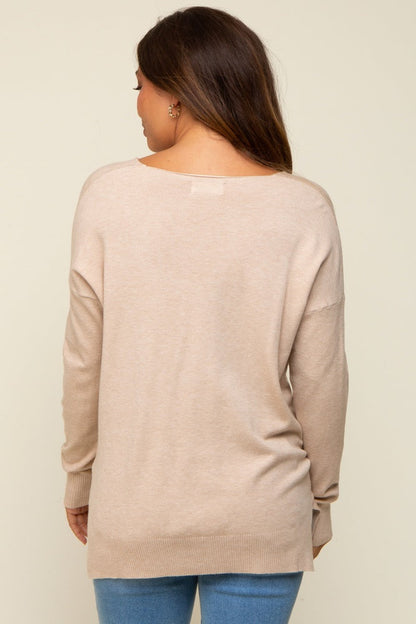 Beige Long Sleeve Side Slit Maternity Sweater