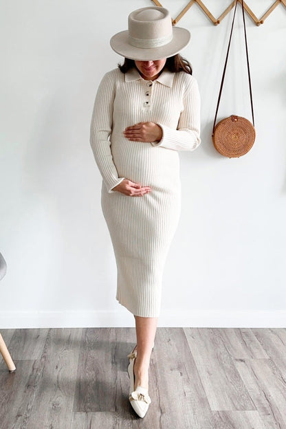 Beige Ribbed Knit Collared Long Sleeve Maternity Midi Dress
