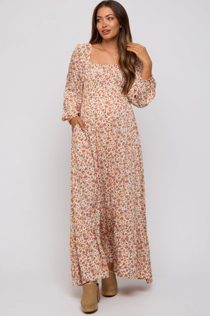 Cream Floral Square Neck Ruffle Maternity Maxi Dress