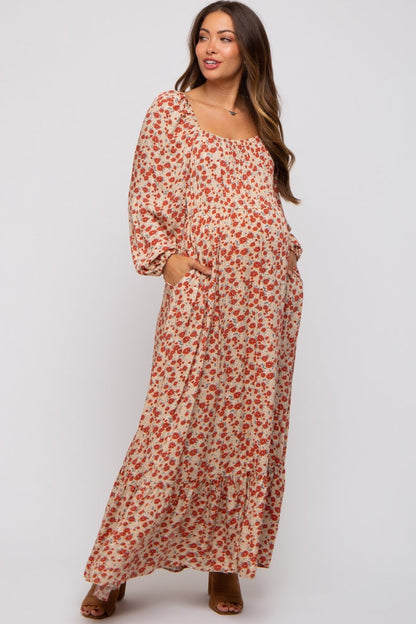 Beige Floral Square Neck Ruffle Maternity Maxi Dress