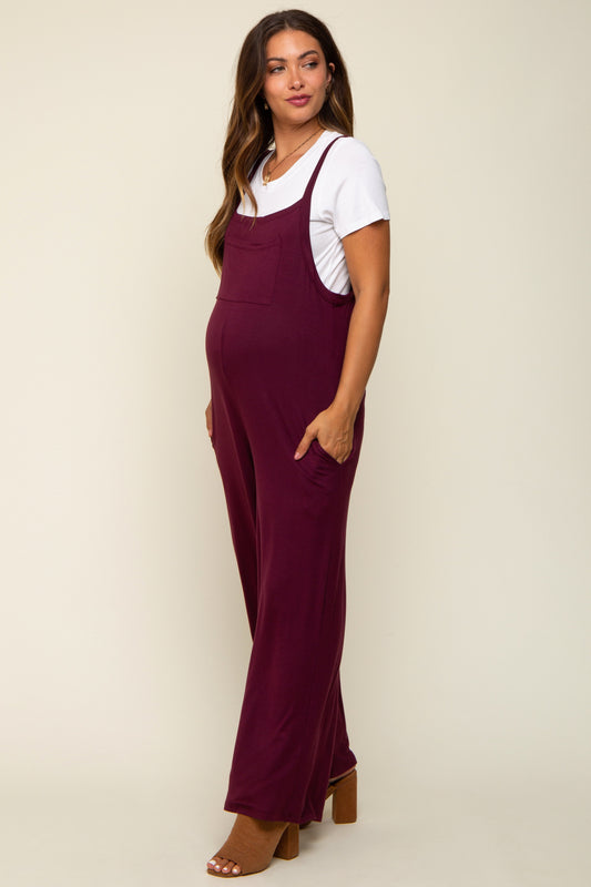 Burgundy Sleeveless Pocketed Wide Leg Maternity Jumpsuit