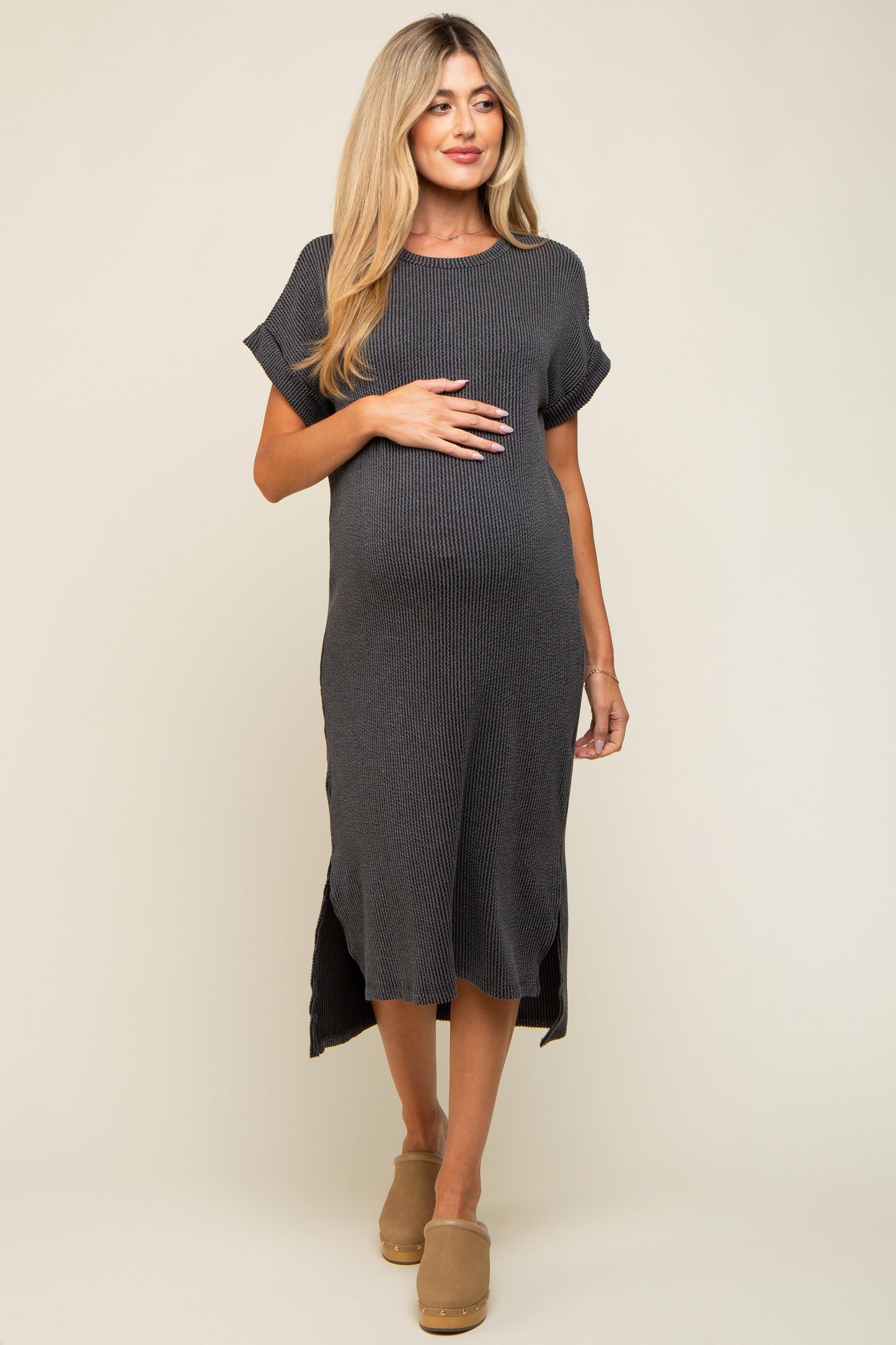 Charcoal Ribbed Short Sleeve Maternity Midi Dress