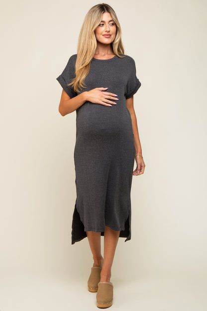Charcoal Ribbed Short Sleeve Maternity Midi Dress