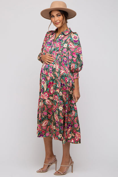 Forest Green Multicolor Floral Paisley Maternity Tiered Dress