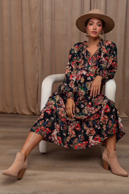 Black Floral Ruffle Neck Tiered Maternity Midi Dress