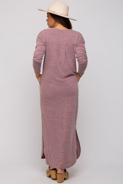 Plum Heathered Pocketed Long Sleeve Maternity Maxi Dress