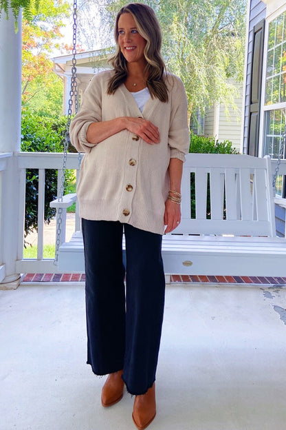 Beige Basic Ribbed Maternity Cardigan Sweater
