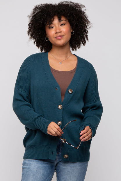 Dark Teal Basic Ribbed Maternity Cardigan Sweater