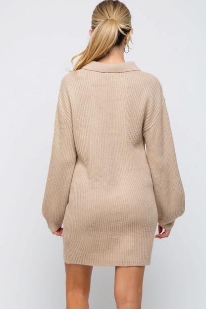 Beige Collared Button Front Maternity Sweater Dress