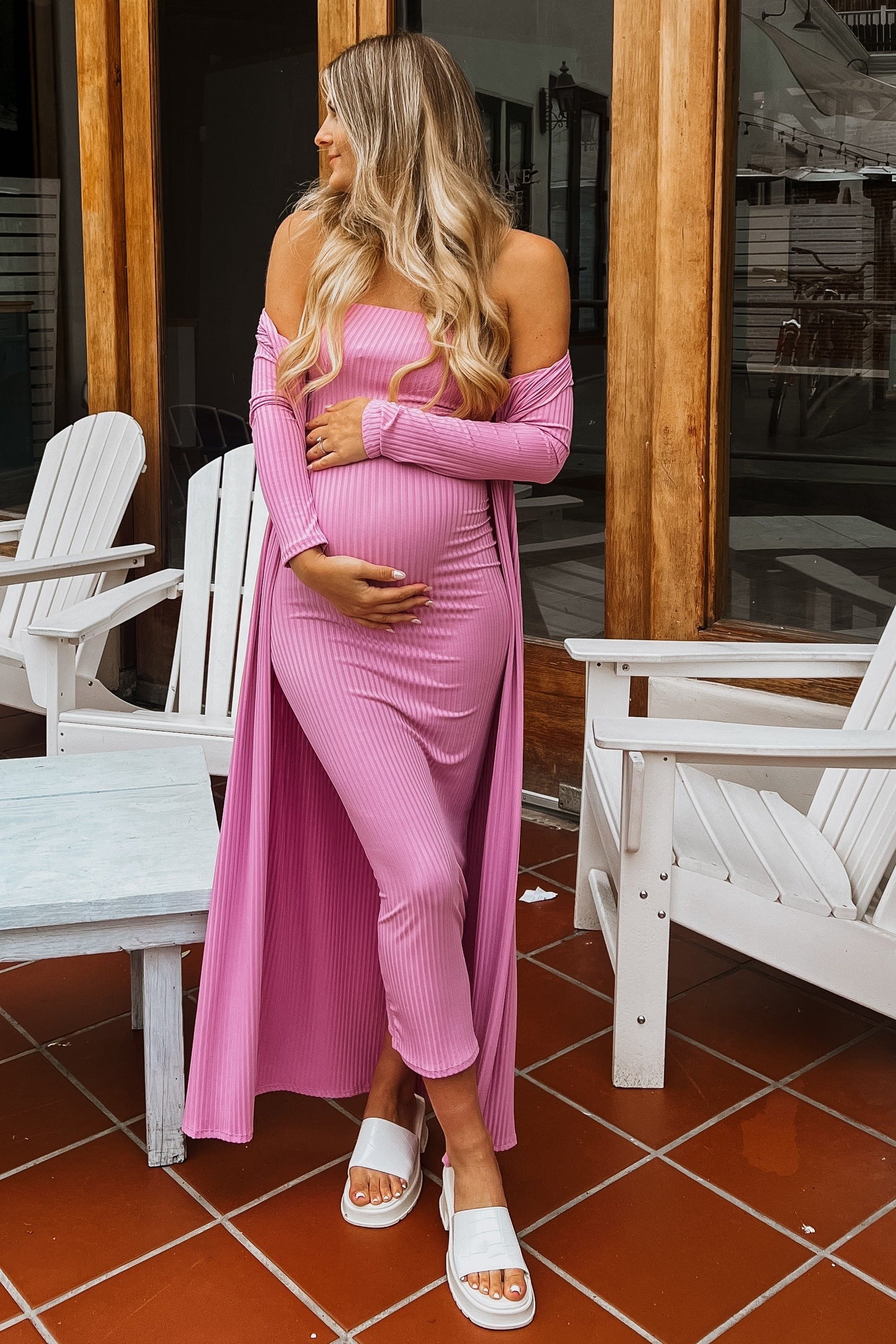 Pink Ribbed Sleeveless Dress Cardigan Maternity Set