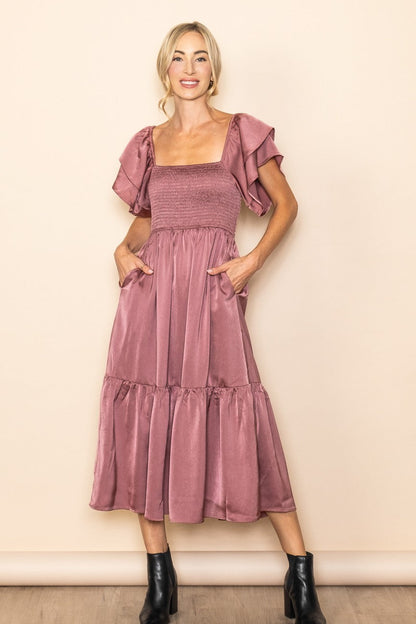 Mauve Satin Flutter Sleeve Maternity Midi Dress