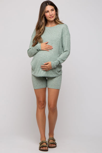 Green Ribbed Long Sleeve Maternity Shorts Set