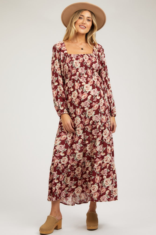 Burgundy Floral Long Sleeve Maternity Maxi Dress