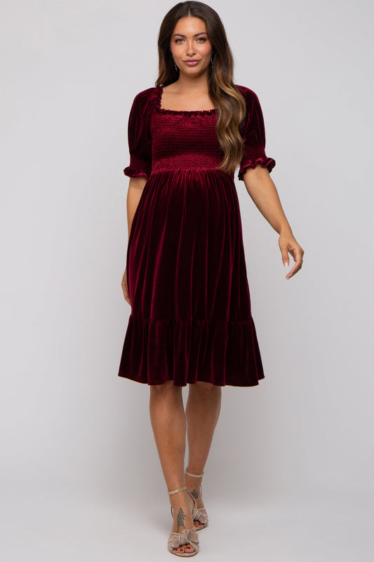 Burgundy Velvet Smocked Puff Sleeve Maternity Dress