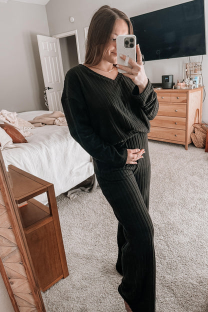 Black Ribbed Soft Knit Long Sleeve Maternity Pajama Set