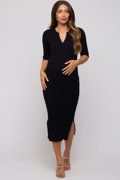 Black Ribbed Knit Maternity Midi Dress