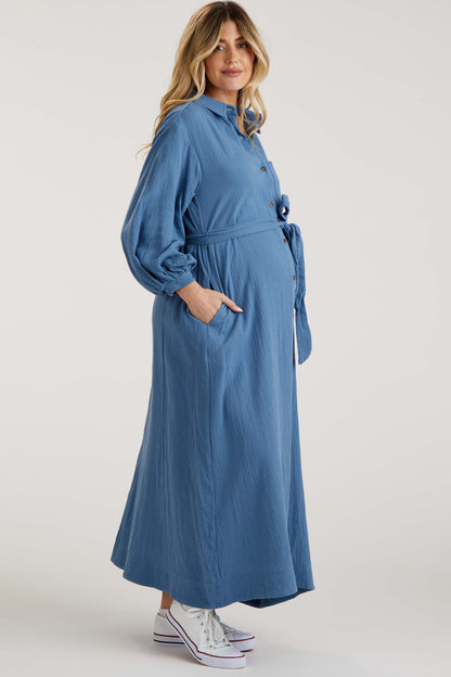 Blue Gauze Belted Shirt Maternity Midi Dress