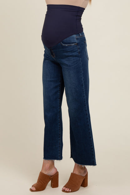 Navy Blue Wide Leg Raw Hem Maternity Jeans