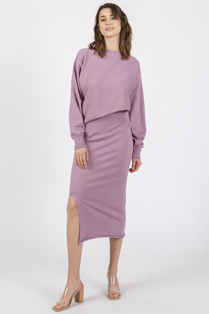 Mauve Knit Long Sleeve Crop Top Maternity Midi Skirt Set