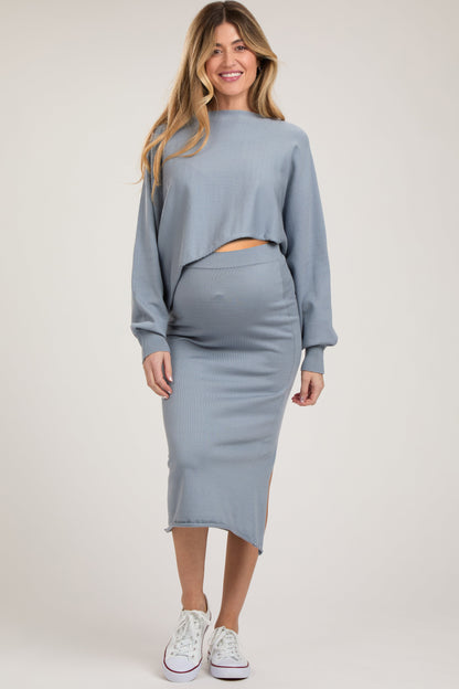 Light Blue Long Sleeve Crop Top Maternity Midi Skirt Set