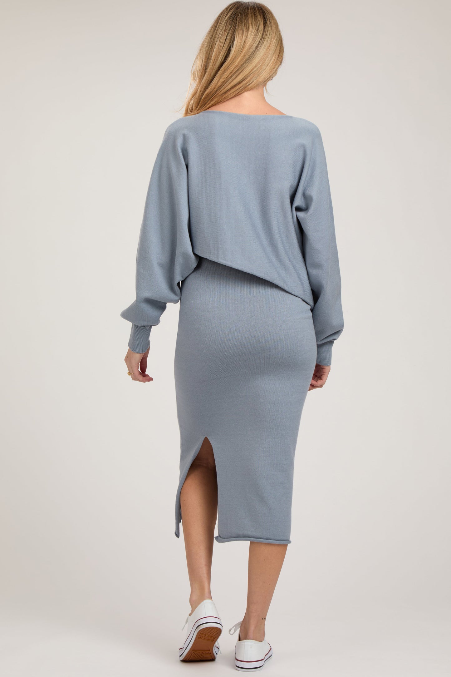 Light Blue Long Sleeve Crop Top Maternity Midi Skirt Set