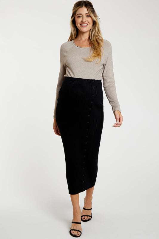 Black Rib Knit Side Button Maternity Maxi Skirt