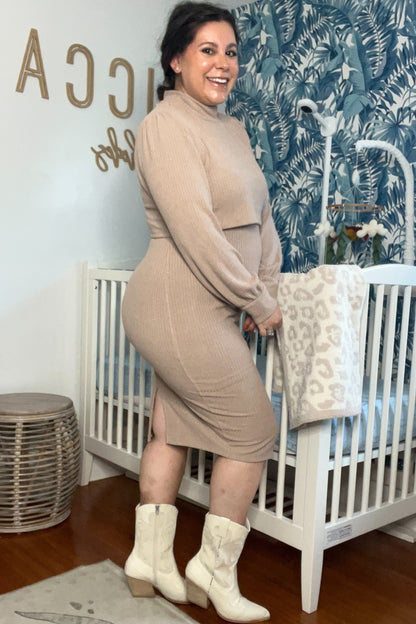 Taupe Rib Knit Mock Neck Maternity Nursing Dress