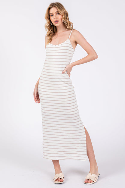 Mocha Striped Knit Side Slit Sleeveless Maternity Midi Dress