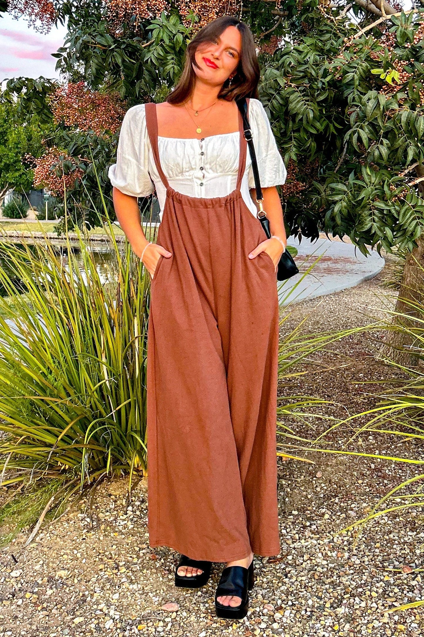 Mocha Ribbed Drawstring Wide Leg Maternity Jumpsuit