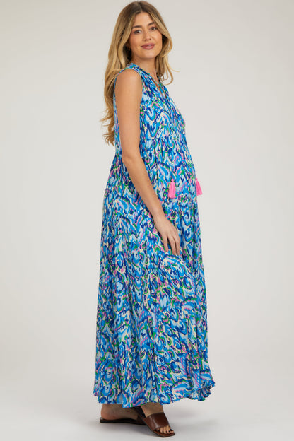 Blue Sleeveless V-Neck Ruffle Neck Tiered Maternity Maxi Dress