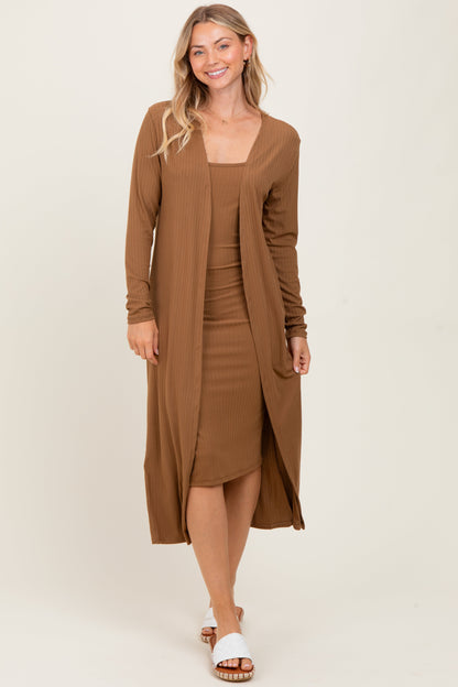 Camel Ribbed Cardigan 2 Piece Maternity Set
