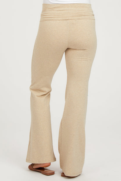 Beige Heathered Flare Leg Fold Over Maternity Leggings