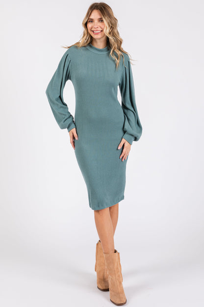 Teal Ribbed Long Sleeve Mock Neck Maternity Dress
