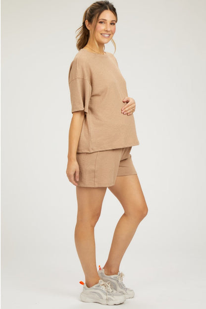 Taupe Ribbed Short Sleeve Maternity Short Set